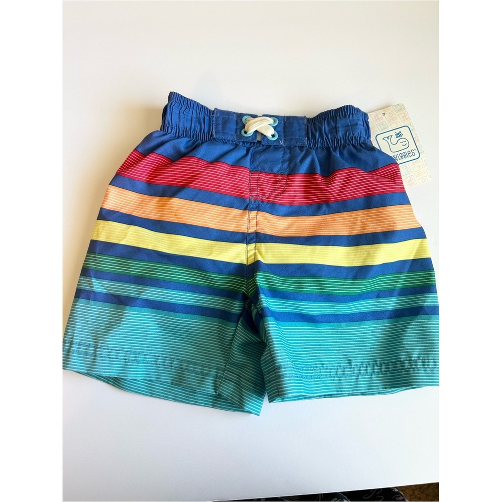 Swiggles Boys' Rainbow Stripe Swim Shorts - Blue, Red, Yellow, Green, Teal